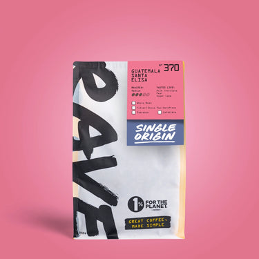 A bag of Rave Coffee Company Guatemala Santa Elisa single origin coffee, featuring a white and black design with a pink and blue label, set against a solid pink background.