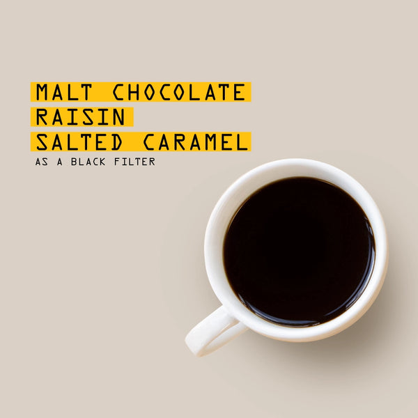 A top-down view of a white ceramic mug filled with black coffee on a light beige background, with yellow text reading 'MALT CHOCOLATE RAISIN SALTED CARAMEL AS A BLACK FILTER'.