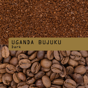 Coffee bean variety label for Uganda Bujuku Dark, showing a top section of ground coffee beans and a bottom section of whole roasted coffee beans, with a tan label across the center reading 'UGANDA BUJUKU Dark'.
