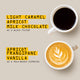 Two coffee cups on beige: one with smooth RAVE COFFEE El Salvador El Molino Honey Nº 376 labeled Light caramel, apricot, milk chocolate; one with espresso art labeled Apricot, frangipane, vanilla. Descriptions on yellow blocks.
