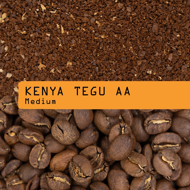 A close-up product graphic showing roasted coffee beans at the bottom, ground coffee at the top, and an orange label across the center reading 'KENYA TEGU AA Medium'.