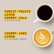 Seen from above, two coffee cups—one with black coffee in the top right, one with latte art below—highlight the tasting notes for Kenya Tegu AA Nº 380 by RAVE COFFEE. Yellow text blocks list flavor notes: forest fruits, lemon, and cherry cola for black filter; cherry cake and lemon for milk-based espresso. This vibrant medium roast from Nyeri County captures the region's renowned brightness and complexity in every cup.