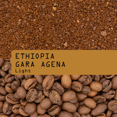 Coffee bean and ground coffee texture split horizontally, with roasted coffee beans on the bottom half and fine brown coffee grounds on the top half. A tan label across the center reads “ETHIOPIA GARA AGENA Light.