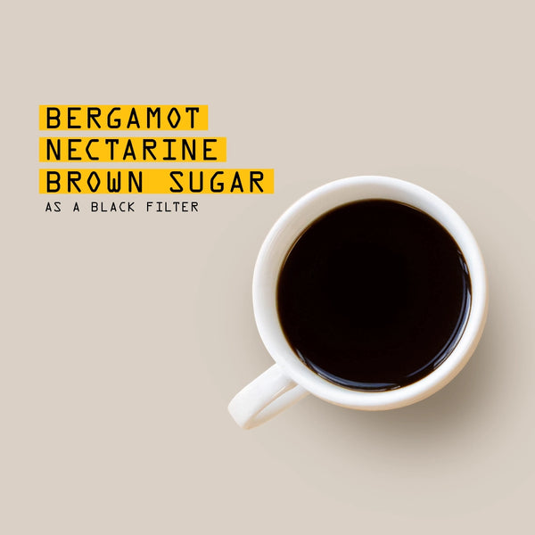 A top-down view of a white ceramic coffee mug filled with black coffee on a warm beige background, next to yellow text that reads 'BERGAMOT NECTARINE BROWN SUGAR AS A BLACK FILTER'.