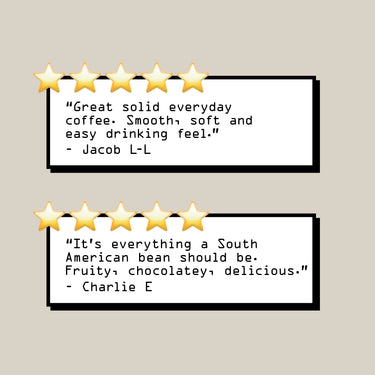 Two five-star reviews: Jacob L-L praises Colombia El Carmen Nº 50 for its smooth, soft feel; Charlie E. calls this single origin coffee fruity, chocolatey, and delicious.