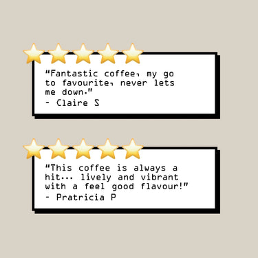 Image with two customer reviews, each in a white box topped with five gold stars. Claire S and Patricia P praise the balanced sweet taste and reliability of Guatemala Bosques de San Francisco Nº 52, highlighting its quality Guatemalan coffee.
