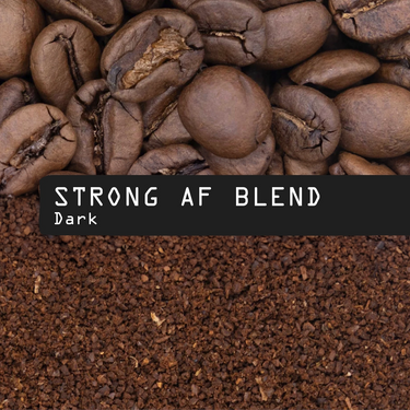 Close-up of Strong Coffee Beans on top, ground coffee below, and a black label reading Strong AF Blend Nº 666 in bold white letters with 