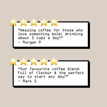 Two five-star customer reviews for Strong AF Blend Nº 666: one praises its bold flavor and regular enjoyment, while the other calls it a favorite blend with robust coffee beans that's perfect for kickstarting the day.