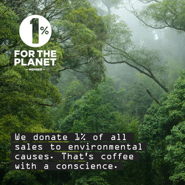 A dense, green forest with mist in the background. Overlaid text: 1% for the Planet. We donate 1% of all Colombia El Carmen Sugarcane Decaf Nº 77 sales to environmental causes. Enjoy decaf coffee with a conscience.