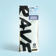 Coffee package with 'RAV' branding on a light blue background