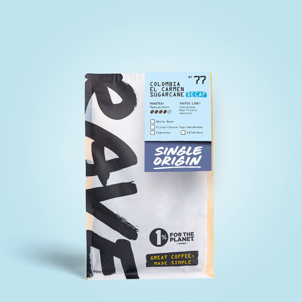 Coffee package with 'Single Origin' branding on a light blue background