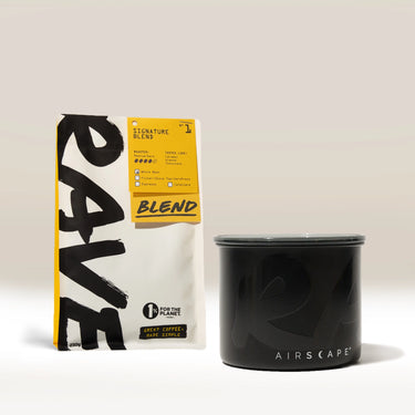 A Rave Branded Airscape with Coffee stands upright on a light surface against a neutral background.