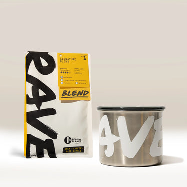A Branded Airscape with Coffee from Rave stands alongside a bag of their Signature Blend, both showcasing modern, minimalist packaging in yellow and black with bold white lettering.