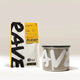 A Branded Airscape with Coffee from Rave stands alongside a bag of their Signature Blend, both showcasing modern, minimalist packaging in yellow and black with bold white lettering.