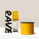 A yellow and white Rave-branded Airscape with Coffee stands upright beside its matching coffee canister featuring a black lid, displayed on a neutral background, ready to preserve your fresh roasted Rave coffee at its best.