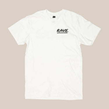 The RAVE COFFEE Alligator T-Shirt is a plain white unisex tee made from sustainable ethical cotton, featuring 