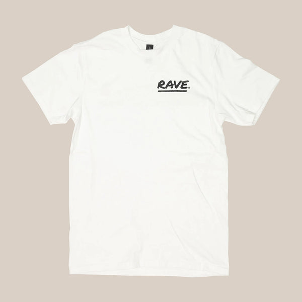 The RAVE COFFEE Alligator T-Shirt is a plain white unisex tee made from sustainable ethical cotton, featuring "RAVE." in bold black letters on the left chest and shown against a neutral beige background.