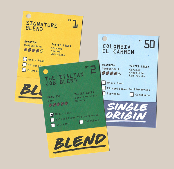 Discover three vibrant coffee cards from RAVE COFFEE’s Nespresso® Coffee Pods Best Selling Bundle, each spotlighting blend names, roast levels, tasting notes, and brew method icons. The cards—Signature Blend, The Italian Job Blend, and Colombia El Carmen—use bold text and handy checkboxes to easily show if your favorite is available as Nespresso compatible coffee pods or compostable coffee capsules.