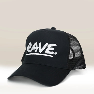 The Black Trucker Cap by RAVE COFFEE features bold white 