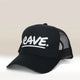 The Black Trucker Cap by RAVE COFFEE features bold white 