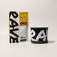 A Rave-branded Airscape coffee canister and a yellow-and-white bag of Rave coffee stand upright, both with bold, modern branding—a stylish duo for keeping your fresh roasted coffee at its best.