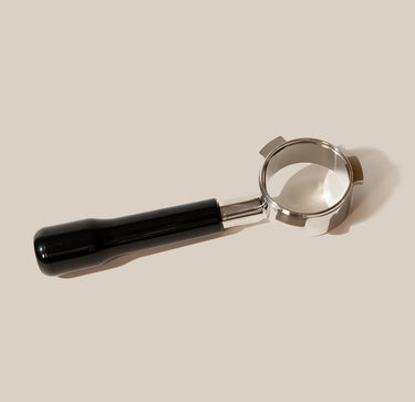 RAVE Coffee Bottomless Portafilter for 54mm espresso machines, featuring a black handle and a chrome head.