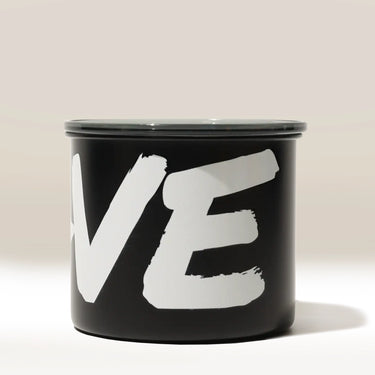 The Branded Airscape Coffee Storage Container by Rave is black with a gray lid. Bold white 
