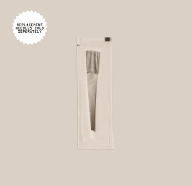 A sealed packet containing several thin replacement needles for the RAVE Coffee WDT Tool is centered on a beige background. In the top left corner, a label reads, 