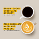 Two cups of classic coffee on a beige background: one holds black RAVE COFFEE Brazil Guima Estate Nº 303, the other a milk-based espresso with latte art. Yellow labels showcase each cup’s unique flavor notes above and below.