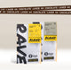 Two Ravecoffee bags, Signature Blend and Chatswood Blend, stand upright with yellow tags. A chocolate brown strip above reads 