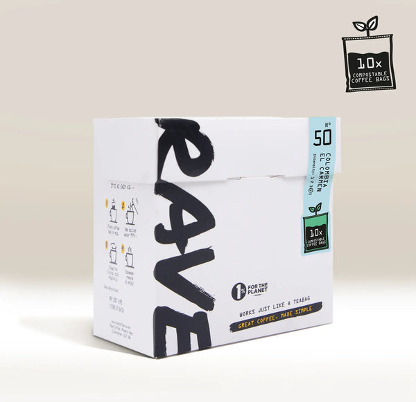 Box of RAVE COFFEE’s Colombia El Carmen Compostable Coffee Bags (10 pack) with bold icons and text highlighting compostability, simplicity, and 10 single-serve sachets included. A small seal in the top right emphasizes the specialty coffee’s fully compostable packaging.