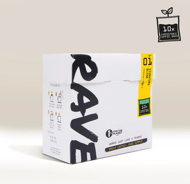 A box of RAVE COFFEE Signature Blend Compostable Coffee Bags (10 pack) featuring bold black text, brewing instructions on the side, and a small label in the top right corner indicating 10 compostable coffee bags. The background is plain and light-colored.