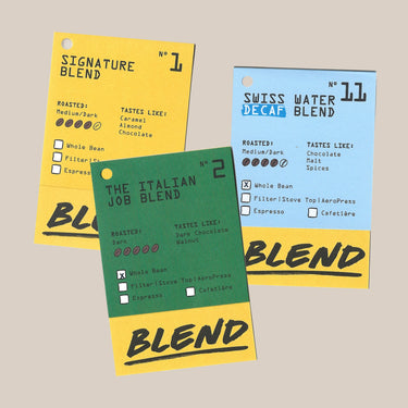 Three vibrant coffee labels showcase blend names, roast profiles, tasting notes, and grind option icons—highlighting choices perfect for the Timemore French Press Gift Set by Timemore. Arranged on a neutral backdrop with bold BLEND text at the bottom, these labels make an ideal addition to any coffee gift box or for savoring your own freshly brewed Timemore coffee.