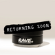 A black container labeled RAVE Coffee features a bold black brushstroke overlay with “RETURNING SOON” in white text, set against a plain beige background—ideal for those seeking consistent extraction using the Rave 54mm Espresso Distributor.