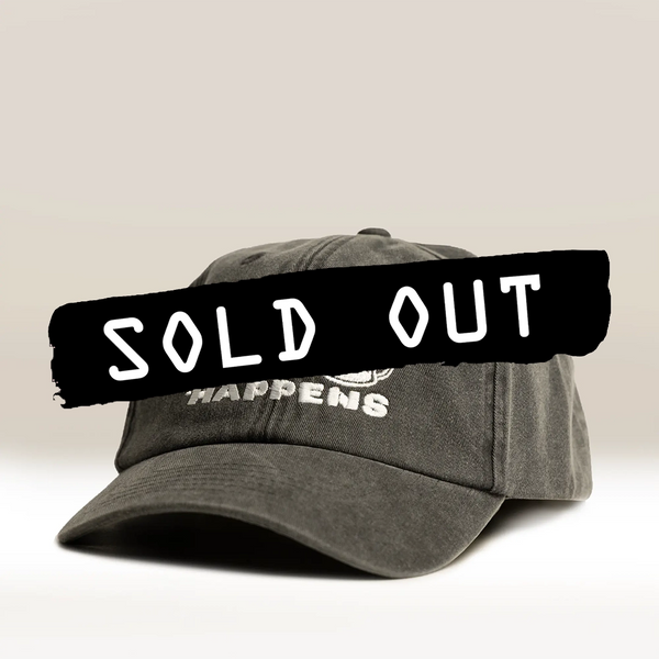 A vintage black Drip Happens Hat by RAVE COFFEE is pictured with partially visible white embroidered text, overlaid by a bold black stripe reading “SOLD OUT” in large white letters. This classic cap features an adjustable strap for a comfortable fit, set against a plain, light-colored background.