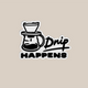 The Drip Happens Sticker Pack by RAVE COFFEE features a pour-over coffee maker and bold black lettering on light beige—perfect for fans of unique vinyl and coffee stickers.