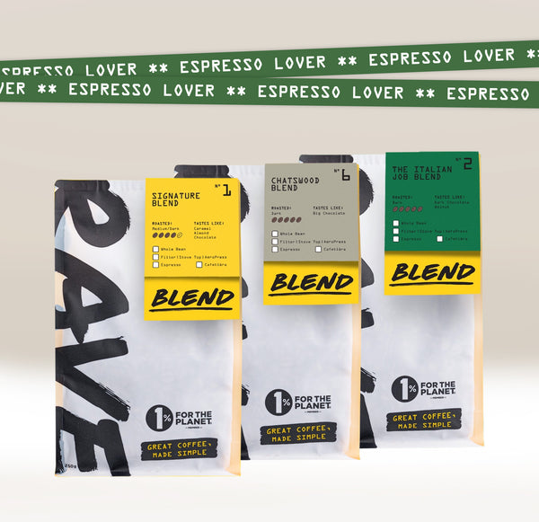 Three Ravecoffee Espresso Lover Coffee Bundle bags—with bold labels, flavor notes, and strength icons—ideal for milk-based espresso, are lined up before a starry ESPRESSO LOVER banner. The bags showcase sleek, minimalist designs.