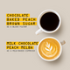 Seen from above, two coffee cups—one with black coffee in the top right, one with latte art below—highlight the tasting notes for Ethiopia Ky Kebero Nº 363 by RAVE COFFEE. Yellow text blocks list flavour notes: chocolate, baked peach, brown sugar for black filter; milk chocolate, peach melba for milk-based espresso. 