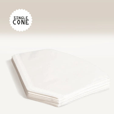 A stack of white, cone-shaped Fellow Aiden Precision Coffee Maker Brew Filter Papers appears on a light background. A circular label in the top left reads SINGLE CONE in bold, black text.