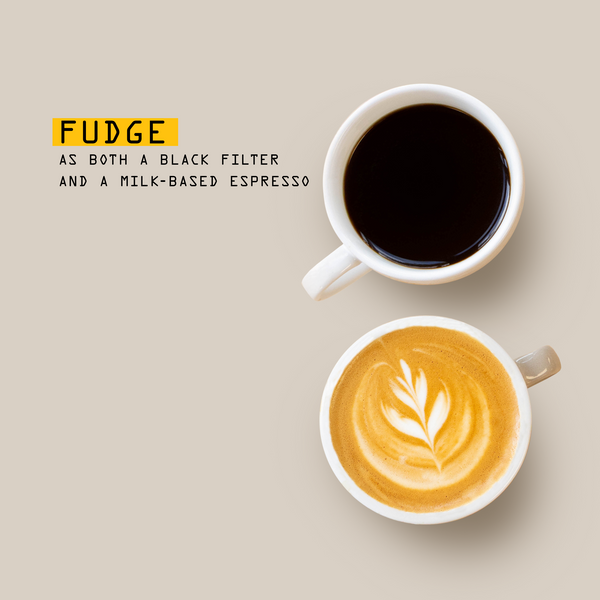 Two coffee cups from above: one with black coffee, the other a latte with art. Text reads “Fudge Blend Nº 5 as a black filter” and “Fudge Blend Nº 5 as a milk-based espresso,” showing the versatility of RAVE COFFEE’s Fudge Blend Nº 5 beans.