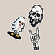 The RAVE COFFEE Glow in the Dark Sticker Pack features three unique designs—a smiling ghost with yellow shoes, a melting skull, and a skeleton hand making the rock gesture—each glowing vividly against the plain beige background.