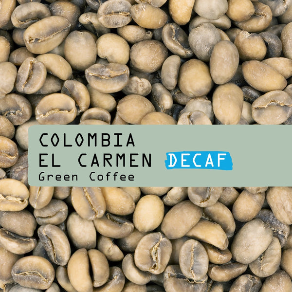A close-up of unroasted coffee beans with an overlay reading "RAVE COFFEE Colombia El Carmen DECAF Green Coffee Beans." The word "DECAF" is highlighted in blue, emphasizing these premium decaf green coffee beans.