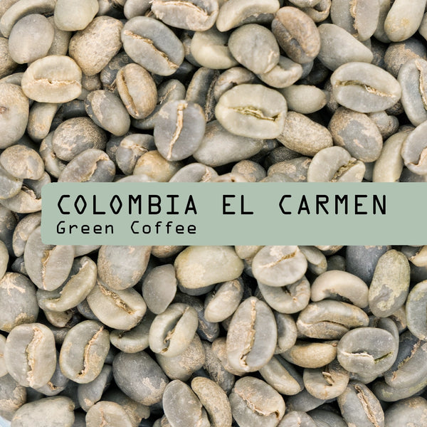 A close-up of unroasted Colombia El Carmen Green Coffee Beans by RAVE COFFEE with a green label overlay, ideal for home roasting enthusiasts.