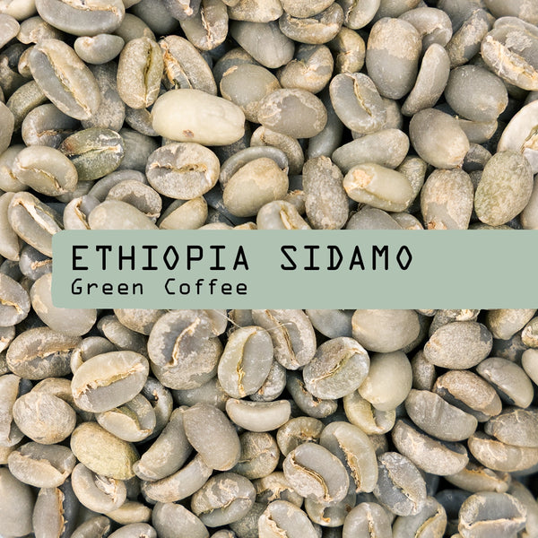 A close-up of unroasted Ethiopia Sidamo Green Coffee Beans by RAVE COFFEE, featuring a green label with the product name—ideal for home roasting enthusiasts.
