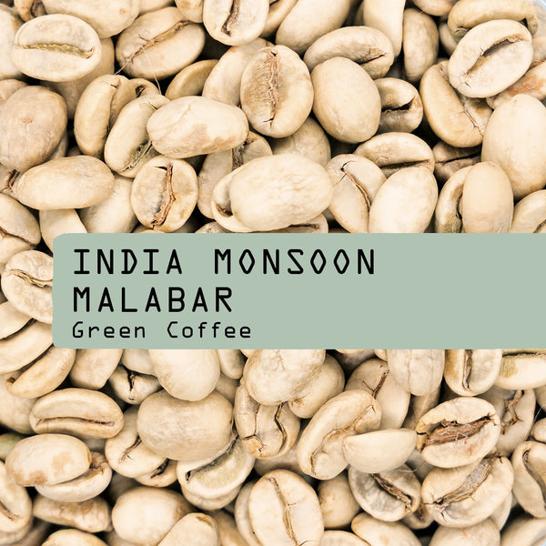 A close-up of unroasted green coffee beans, ideal for home roasting, with a green text box overlay that reads: RAVE COFFEE India Monsoon Malabar AA Green Coffee Beans.