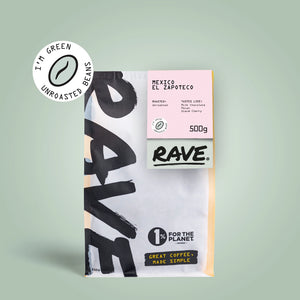 Rave coffee package with a pink label on a light green background. Graphic calling out unroasted beans.