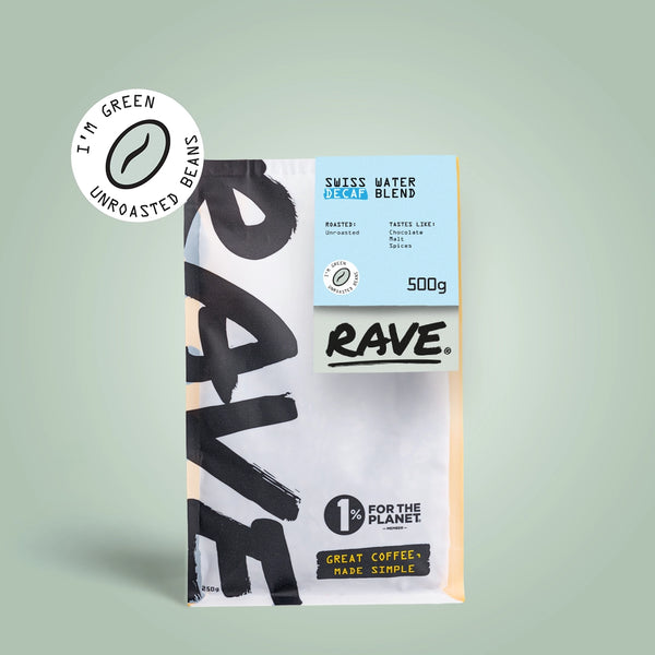 Rave coffee package with branding and product details on a light green background. Graphic calling out unroasted beans.