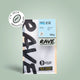 Rave coffee package with branding and product details on a light green background. Graphic calling out unroasted beans.