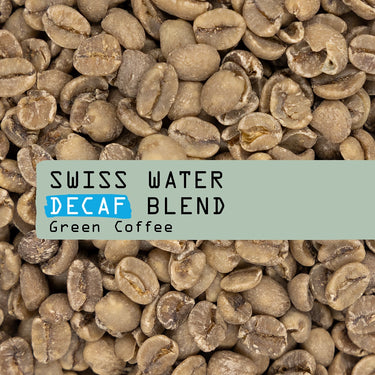 Swiss Water Decaf Green Coffee with text overlay on a background of coffee beans