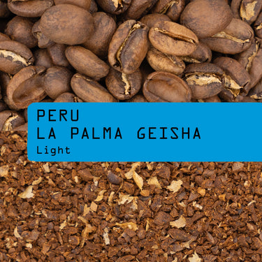 Peru La Palma Geisha Light coffee, showing roasted whole coffee beans at the top, a bright blue label with black text in the center, and ground coffee with coffee scrapings at the bottom.